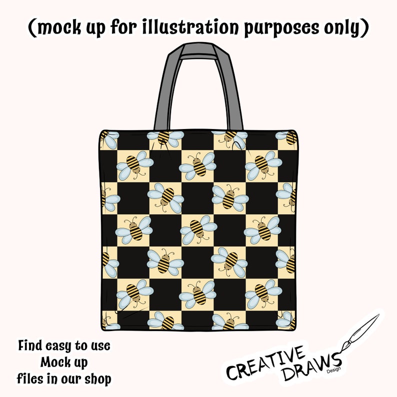以下が含まれることがあります： 黒と黄色の市松模様のトートバッグで、漫画の蜂が繰り返しパターンになっています。バッグには黒いハンドルが付いています。