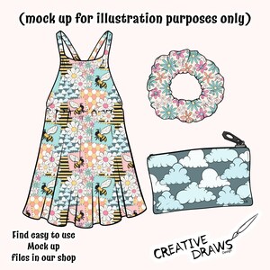 Op de afbeelding: Illustratie van een jurk, scrunchie en etui. De jurk heeft een bijen- en madeliefjespatroon met gele en zwarte strepen. De scrunchie heeft een bloemenontwerp en de etui heeft een wolkenpatroon. De tekst luidt "Find easy to use Mock up files in our shop."