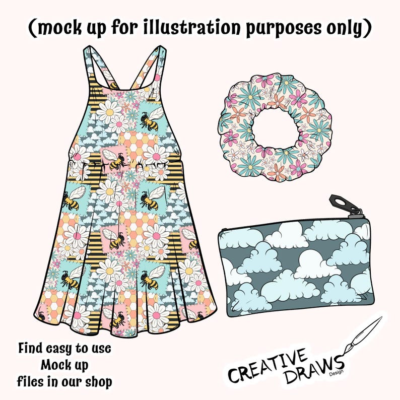 Op de afbeelding: Illustratie van een jurk, scrunchie en etui. De jurk heeft een bijen- en madeliefjespatroon met gele en zwarte strepen. De scrunchie heeft een bloemenontwerp en de etui heeft een wolkenpatroon. De tekst luidt "Find easy to use Mock up files in our shop."