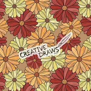 Fall Daisy Flowers Seamless Pattern, Red, Orange Digital Paper
