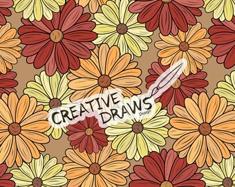 Fall Daisy Flowers Seamless Pattern, Red, Orange Digital Paper