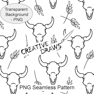 Bull Skull Seamless Pattern Line Art with Transparent Background, Digital Download