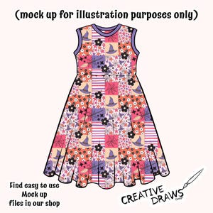 Peut inclure: Une robe sans manches avec un motif patchwork repr&eacute;sentant des chapeaux de sorci&egrave;re, des toiles d'araign&eacute;es et des &eacute;toiles dans des tons de rose, de violet et d'orange. La robe a une jupe &eacute;vas&eacute;e et une encolure ronde. Le texte "Find easy to use Mock up files in our shop" est visible.
