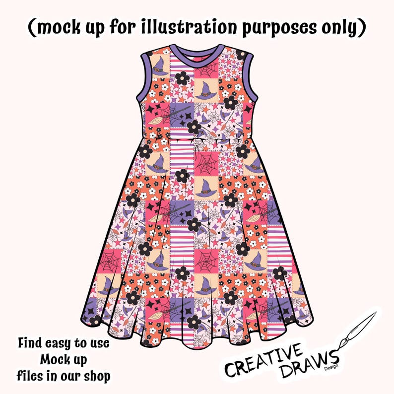 Peut inclure: Une robe sans manches avec un motif patchwork repr&eacute;sentant des chapeaux de sorci&egrave;re, des toiles d'araign&eacute;es et des &eacute;toiles dans des tons de rose, de violet et d'orange. La robe a une jupe &eacute;vas&eacute;e et une encolure ronde. Le texte "Find easy to use Mock up files in our shop" est visible.