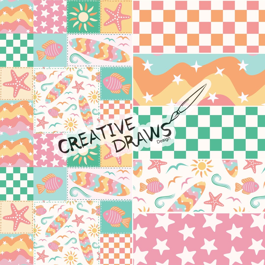 Retro Surf Patchwork Seamless Pattern Pack, Beach Repeat Digital Paper ...
