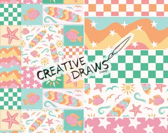 Retro Surf Patchwork Seamless Pattern Pack, Beach Repeat Digital Paper