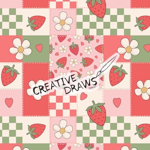 Könnte beinhalten: Ein nahtloses Muster mit einem Patchwork-Design aus Erdbeeren, Gänseblümchen und Herzen. Der Hintergrund ist eine Kombination aus rosa, grünen und weißen Karomustern.
