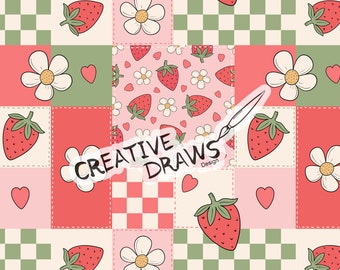 Strawberry Patchwork Seamless Pattern, Repeat Digital Paper Pattern for Personal and Commercial use