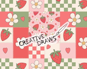 イチゴのパッチワークシームレスパターン、シームレスファイルデジタルダウンロード