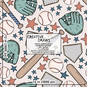Puede incluir: Patr&oacute;n digital sin costuras con pelotas de b&eacute;isbol, bates, guantes, estrellas y un dise&ntilde;o de base en tonos azules, rojos y beige. El patr&oacute;n incluye el texto "CREATIVE DRAWS Design" y mide 30,48 cm x 30,48 cm.