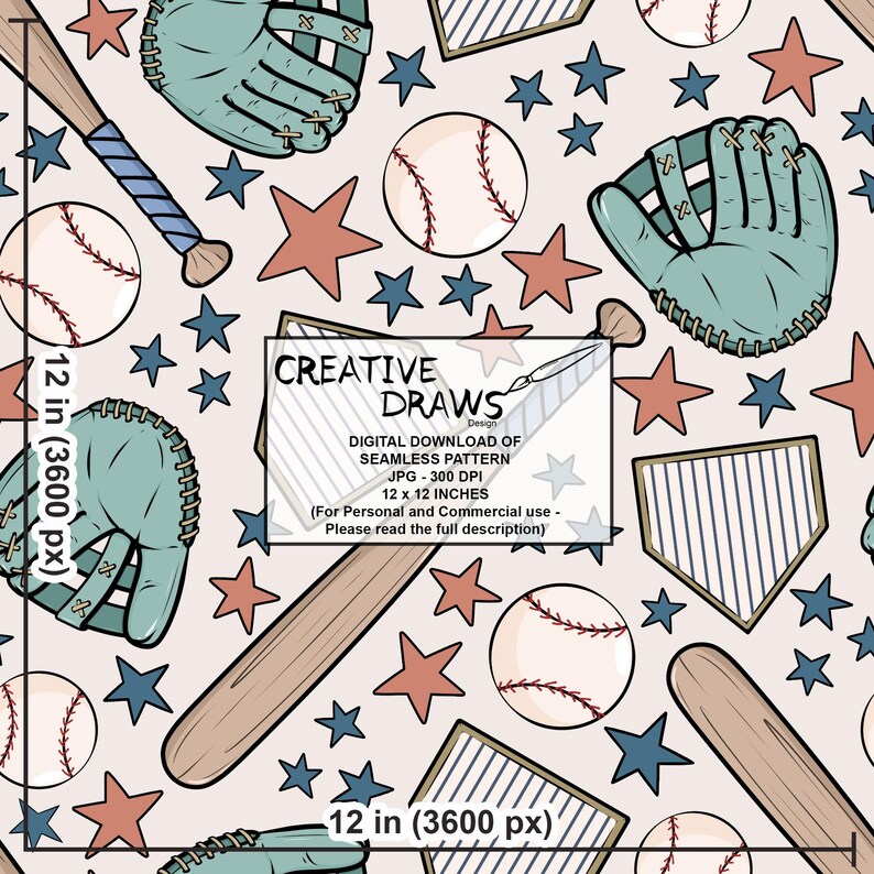 Puede incluir: Patr&oacute;n digital sin costuras con pelotas de b&eacute;isbol, bates, guantes, estrellas y un dise&ntilde;o de base en tonos azules, rojos y beige. El patr&oacute;n incluye el texto "CREATIVE DRAWS Design" y mide 30,48 cm x 30,48 cm.