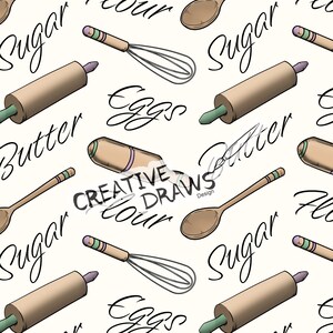 May include: A seamless pattern featuring kitchen utensils and baking ingredients. The pattern includes a wooden rolling pin, a whisk, a wooden spoon, and the words "sugar", "flour", "eggs", and "butter".