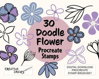 Doodle Flower Procreate Stamps, Procreate Brush Pack for Personal and Commercial use