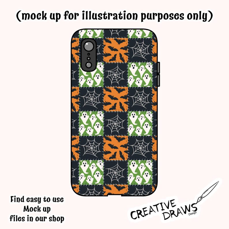 May include: A black phone case with a patchwork design featuring orange bats, white spiderwebs, and green ghost figures. The case has a camera cutout and the text "(mock up for illustration purposes only)".