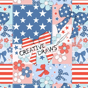 May include: A seamless pattern featuring a patchwork design with red, white, and blue stars, stripes, and bows. The pattern includes the text "CREATIVE DRAWS Design".