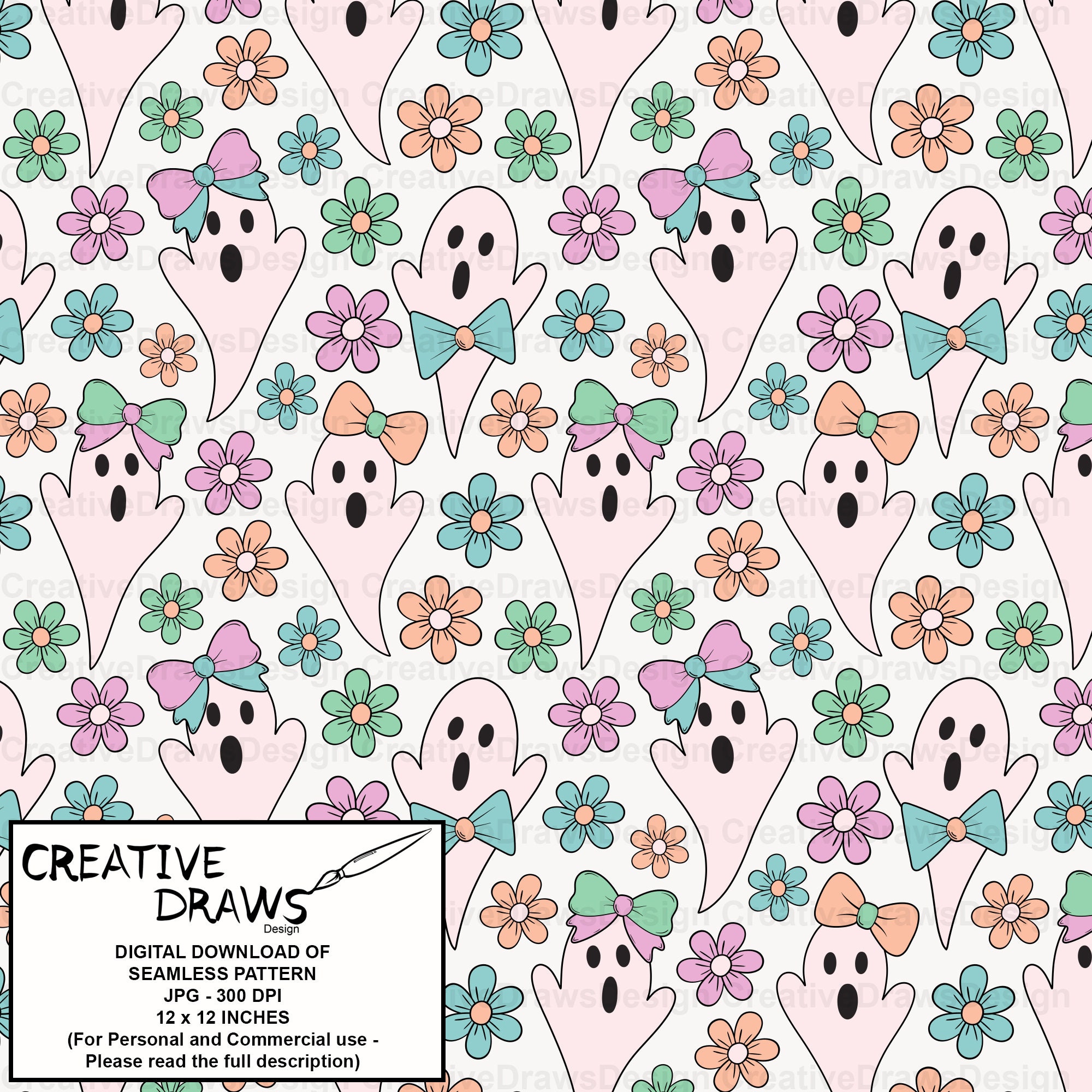 Floral Bow Ghosts Seamless Pattern, Halloween Digital Repeat Pattern ...
