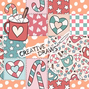 Op de afbeelding: Een naadloos patroon met een patchwork-ontwerp met verschillende wintervakantiethema's. Het patroon bevat snoepstokken, harten, sterren en mokken met warme chocolademelk met marshmallows. De tekst "CREATIVE DRAWS Design" is opgenomen in het patroon.
