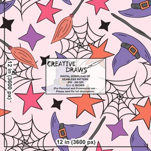 Puede incluir: Patr&oacute;n de Halloween sin costuras con sombreros de bruja, escobas, estrellas y telara&ntilde;as en rosa, naranja, morado y negro. El dise&ntilde;o incluye el texto "CREATIVE DRAWS Design" y "DIGITAL DOWNLOAD OF SEAMLESS PATTERN 12 x 12 INCHES".