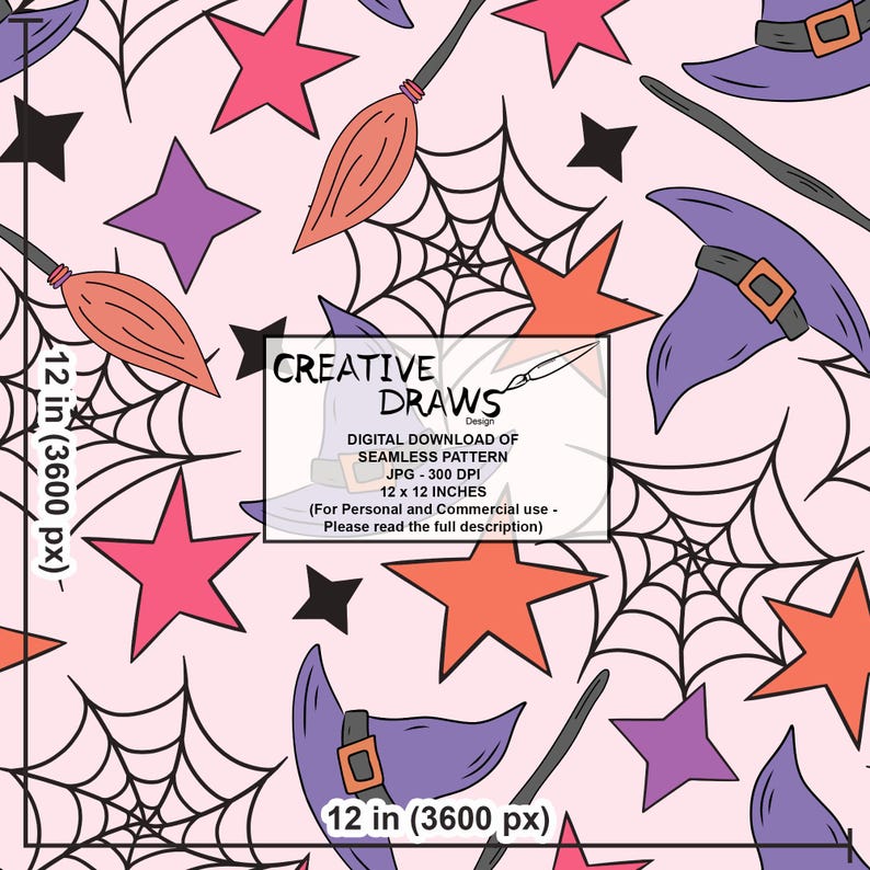 Puede incluir: Patr&oacute;n de Halloween sin costuras con sombreros de bruja, escobas, estrellas y telara&ntilde;as en rosa, naranja, morado y negro. El dise&ntilde;o incluye el texto "CREATIVE DRAWS Design" y "DIGITAL DOWNLOAD OF SEAMLESS PATTERN 12 x 12 INCHES".