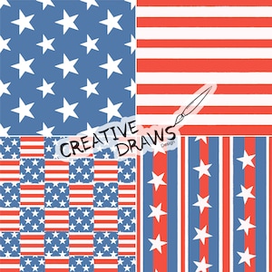 May include: Four different patterns featuring red and blue colours. The top left pattern is a blue background with white stars. The top right pattern is red and white stripes. The bottom left pattern is a checkered pattern of red and blue with white stars. The bottom right pattern is red and blue stripes with white stars.