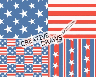 Set di motivi senza cuciture per il 4 luglio, stelle e strisce, download digitale