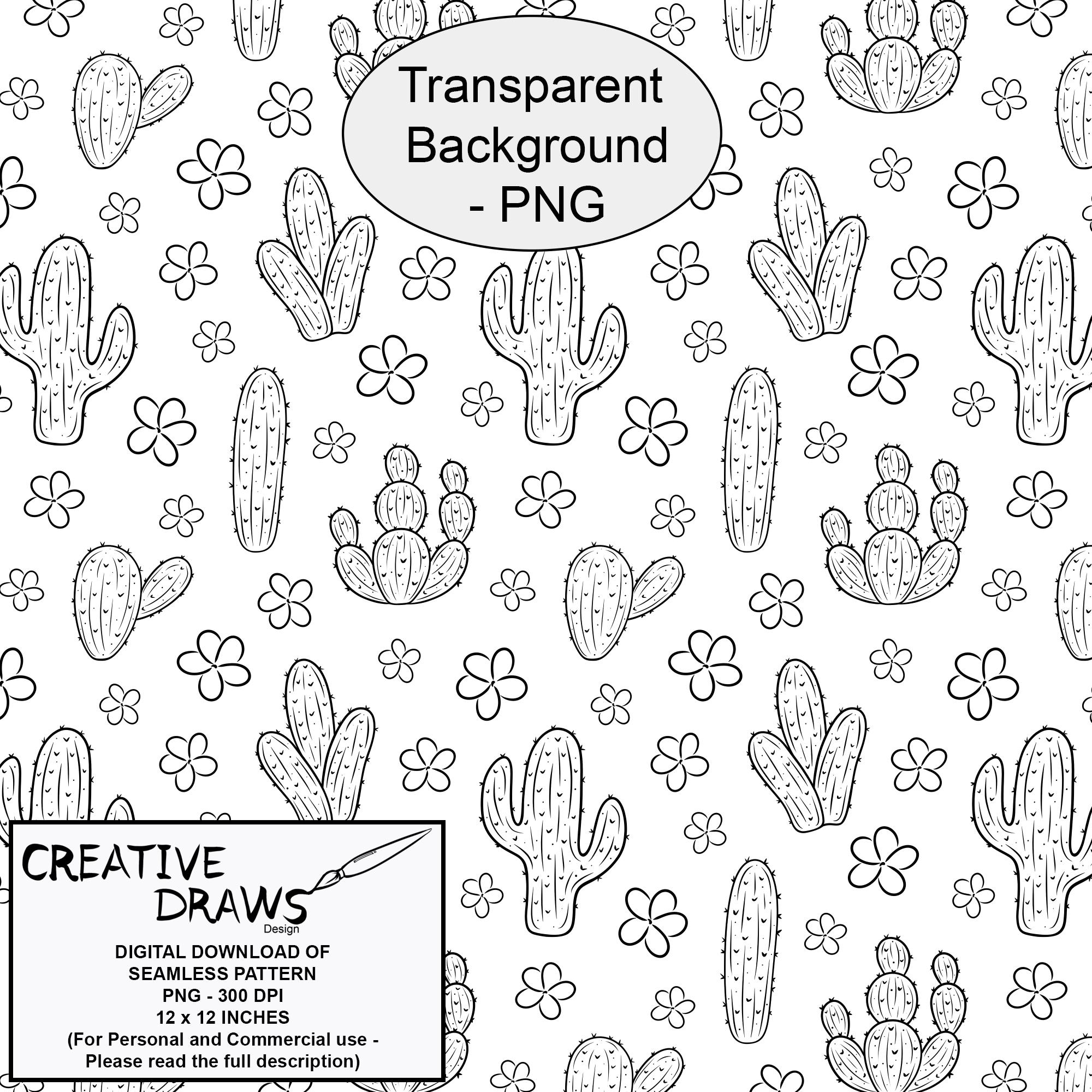 Cactus Floral Seamless Pattern Line Art With Transparent Background ...