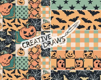 Halloween Patchwork Seamless Pattern Pack, Jack O Lantern Seamless File Digital Download