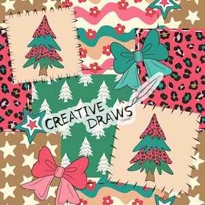 Op de afbeelding: Een patchwork ontwerp met kerstbomen, strikken en sterren. Het ontwerp bevat luipaardprint en bloemmotieven, met de tekst "CREATIVE DRAWS Design". De achtergrond heeft een mix van kleuren en texturen.