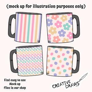 Pu&ograve; includere: Quattro diversi design di tazze con vari motivi. Le tazze sono bianche con manici neri. I motivi includono strisce, fiori, linee ondulate e pois. I colori sono rosa, blu, verde e giallo.