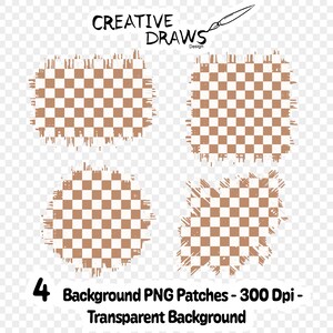 Op de afbeelding: Vier bruine en witte geruite digitale papierpatches met een verweerde, gescheurde rand. De patches bevinden zich op een transparante achtergrond. De tekst "4 Background PNG Patches - 300 Dpi - Transparent Background" staat onderaan de afbeelding.