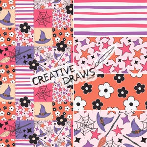 Puede incluir: Un dise&ntilde;o de patchwork con motivos de Halloween. Presenta sombreros de bruja, telara&ntilde;as, estrellas, flores y rayas en tonos rosa, naranja, morado y negro. Tambi&eacute;n incluye el texto "CREATIVE DRAWS Design".