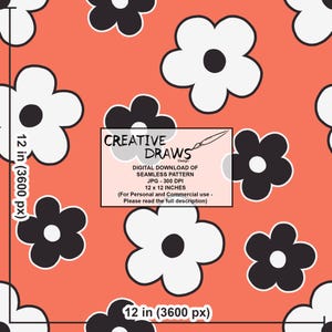 Puede incluir: Patr&oacute;n sin costuras con flores blancas y negras en forma de margarita sobre un fondo coral. El dise&ntilde;o incluye el texto "CREATIVE DRAWS Design" y detalles sobre la descarga digital, 30,48 x 30,48 cm.