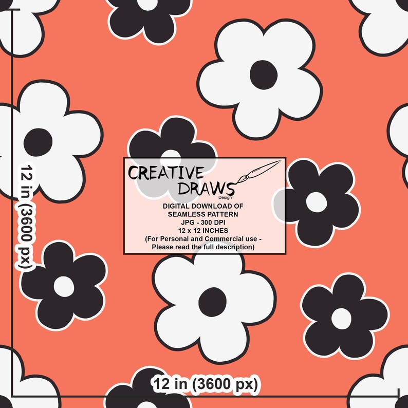 Puede incluir: Patr&oacute;n sin costuras con flores blancas y negras en forma de margarita sobre un fondo coral. El dise&ntilde;o incluye el texto "CREATIVE DRAWS Design" y detalles sobre la descarga digital, 30,48 x 30,48 cm.