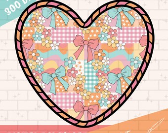 Heart Floral Bow Patchwork PNG Sublimation, Digital Download