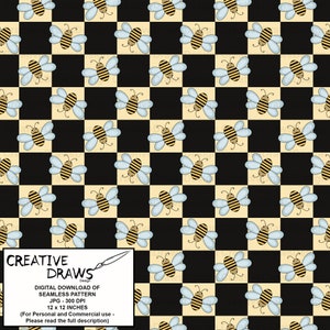 以下が含まれることがあります： 黒と黄色の市松模様の背景に、繰り返しパターンで描かれた漫画の蜂が特徴のシームレスパターン。蜂は黒と黄色の縞模様、青い羽、黒い目をしています。