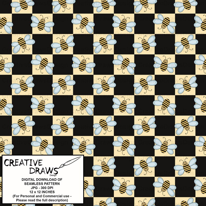 以下が含まれることがあります： 黒と黄色の市松模様の背景に、繰り返しパターンで描かれた漫画の蜂が特徴のシームレスパターン。蜂は黒と黄色の縞模様、青い羽、黒い目をしています。