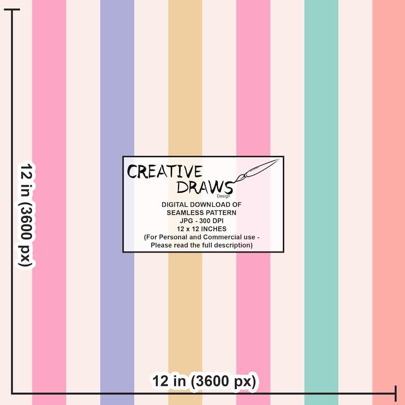 Pu&ograve; includere: Un download digitale di uno schema senza cuciture con strisce verticali in rosa, lilla chiaro, beige, verde chiaro e corallo. Lo schema misura 12 pollici per 12 pollici e 300 DPI. Il testo "CREATIVE DRAWS Design" &egrave; in un rettangolo nero al centro dell'immagine.