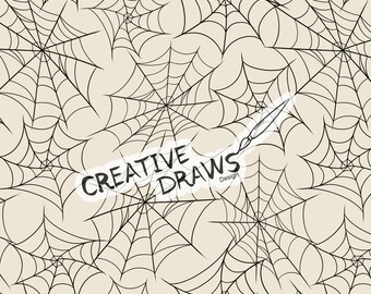Puede incluir: Un patrón repetitivo de telarañas negras sobre un fondo beige claro. El texto "CREATIVE DRAWS Design" está impreso en negro en el centro, con un pequeño gráfico de una punta de pluma integrado en la palabra "DRAWS" en el lado derecho.