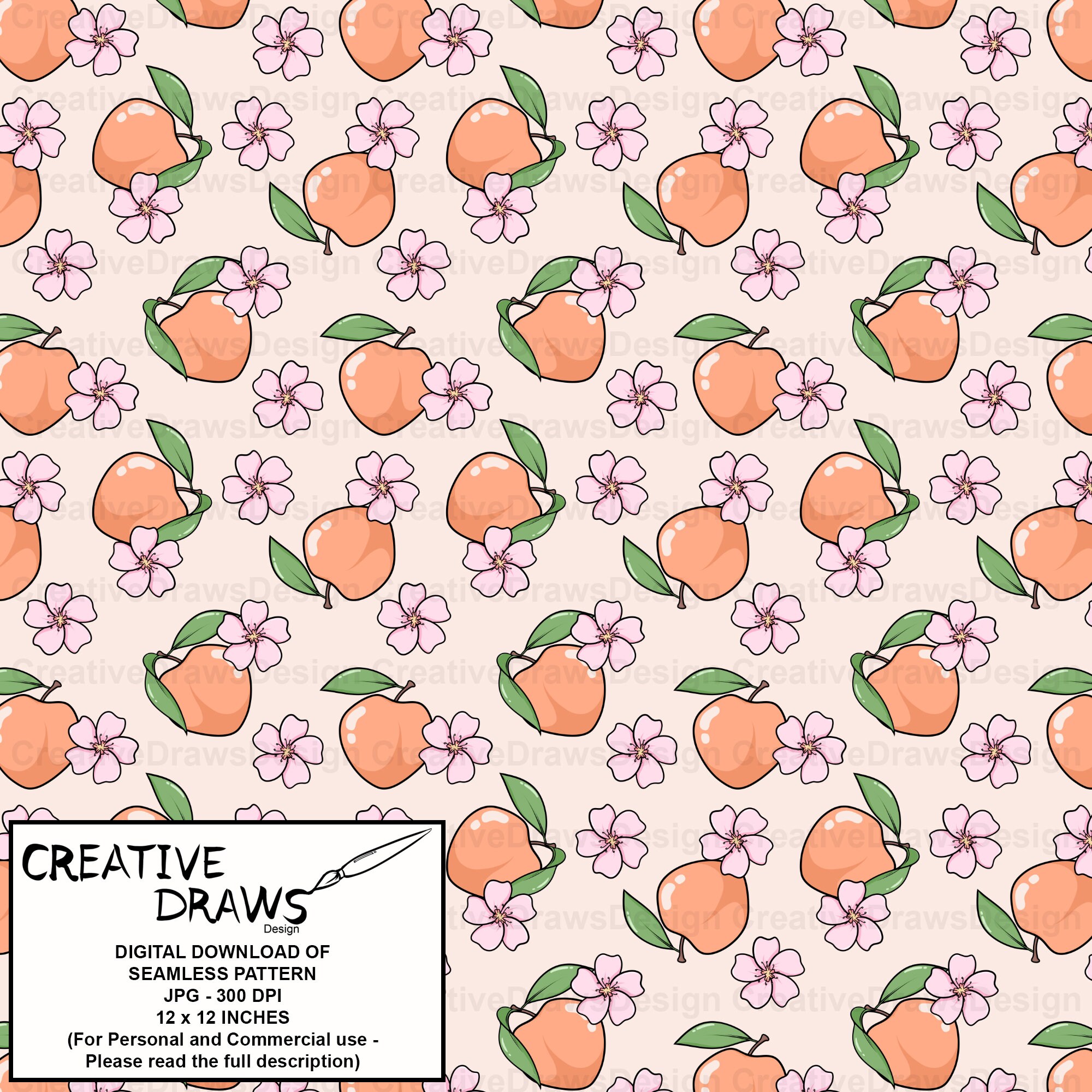 Peach Blossom Seamless Pattern, Summer Fruit Seamless File Digital