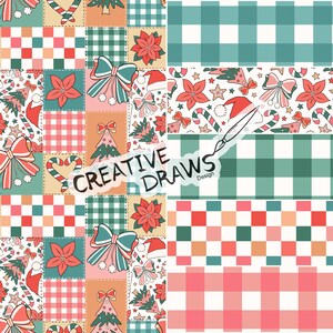 Christmas Bow Patchwork Seamless Pattern Pack, Floral Digital Repeat Paper Set