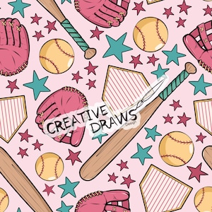 May include: A pink baseball-themed pattern featuring baseballs, gloves, bats, and home plates, along with teal and maroon stars. The design includes the text "CREATIVE DRAWS Design".