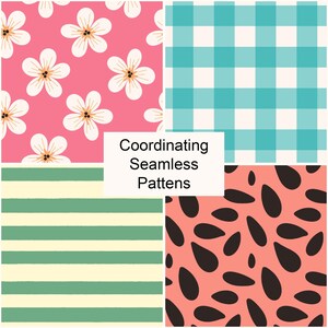 Pu&ograve; includere: Quattro motivi senza cuciture coordinati. Uno presenta fiori bianchi su sfondo rosa. Un altro ha un motivo a quadretti turchese e bianco. Il terzo ha strisce verdi e crema, e l'ultimo ha forme di semi neri su sfondo corallo. Testo: Motivi senza cuciture coordinati.