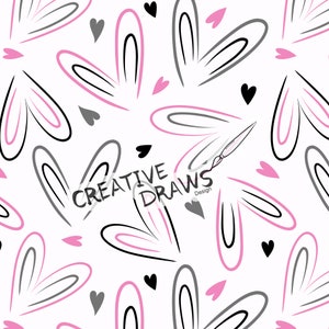 以下が含まれることがあります： ピンクとグレーのハートに黒いアウトラインが描かれたシームレスなパターン。パターンの中央に「CREATIVE DRAWS Design」というテキストがあります。