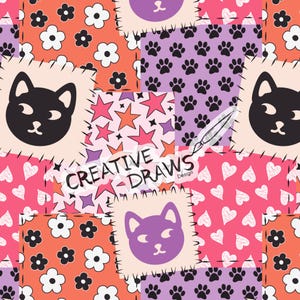 May include: A vibrant patchwork pattern with cat faces, paw prints, flowers, stars, and hearts. The design includes the text "CREATIVE DRAWS" and is stitched together. The colour scheme features pink, orange, purple, and black.