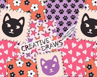 Cat Patchwork Seamless Pattern, Halloween Seamless File Digital Download