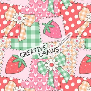 Strawberry Bow Patchwork Seamless Pattern for Personal and Commercial use, Summer Repeat Digital Paper