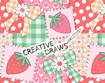 Strawberry Bow Patchwork Seamless Pattern for Personal and Commercial use, Summer Repeat Digital Paper