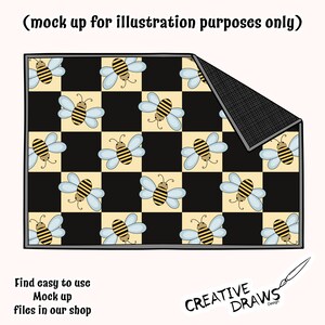 以下が含まれることがあります： 黒と黄色の市松模様に、漫画の蜂の画像が繰り返し描かれています。蜂は、黒い縞模様のある黄色の体と青い羽を持っています。模様は、黒い縁取りのある布地に描かれています。