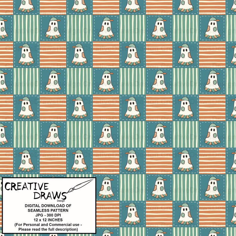 Ghost Checker Patchwork Seamless Pattern, Halloween Repeat Digital Paper afbeelding 8