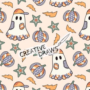 Ghost Pumpkin Seamless Pattern, Halloween Repeat Digital Paper